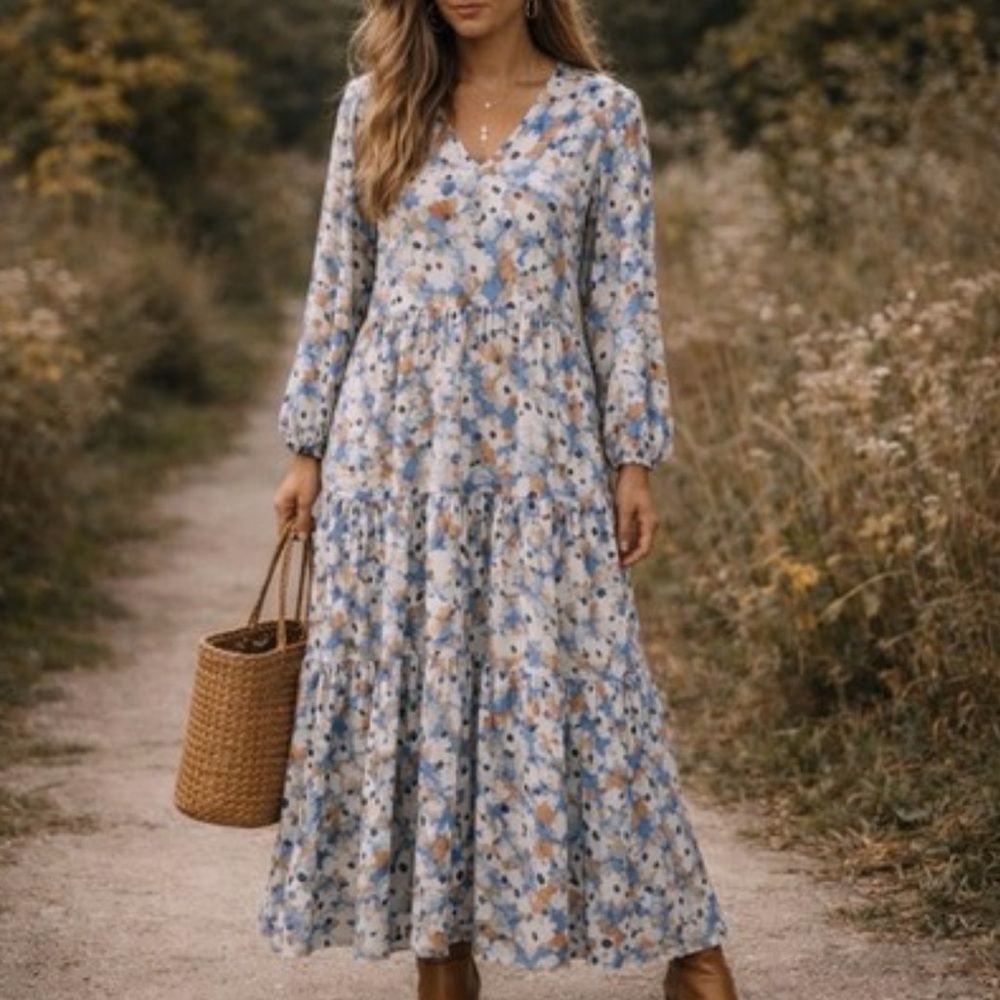 Joie Floral Print Tiered Long Sleeve Chiffon Midi Dress Blue White Size M